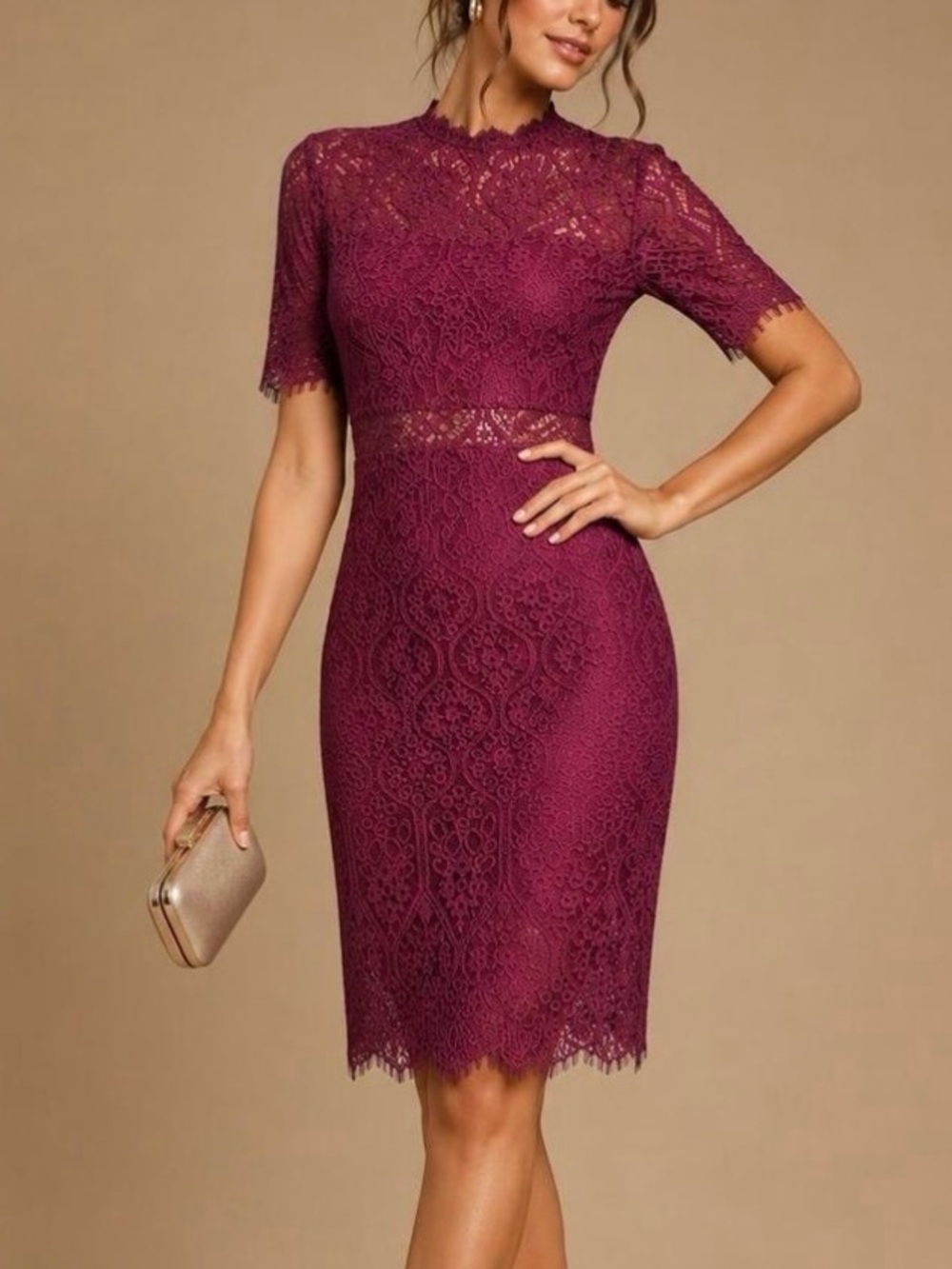 Lulu's Remarkable Burgundy Sheer Lace Dress, Elegant Evening Bodycon